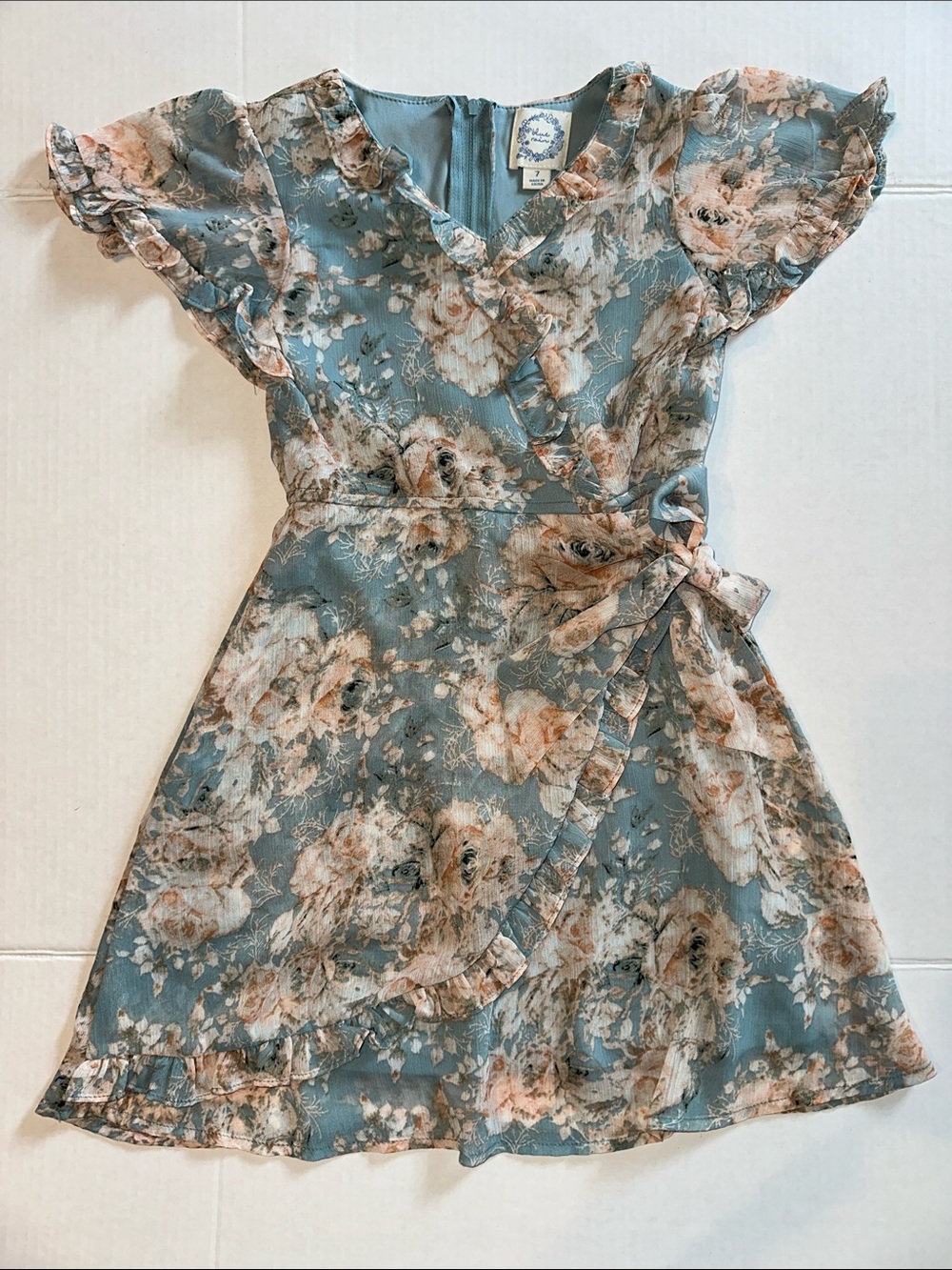 Blue Rain Dusty Blue and Tan Floral Dress
